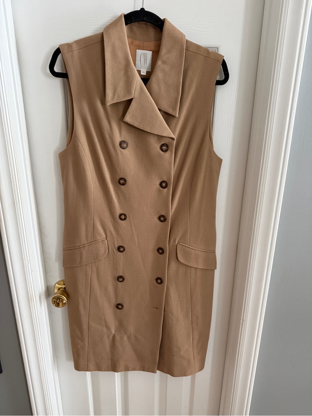 Sleeveless Double-Breasted Midi Dress in Tan